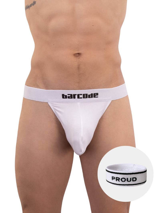A white backless thong with Barcode branding on the waistband, featuring an elastic c-ring with 'Proud' lettering. The product is modeled by a male, showcasing the fit and design.