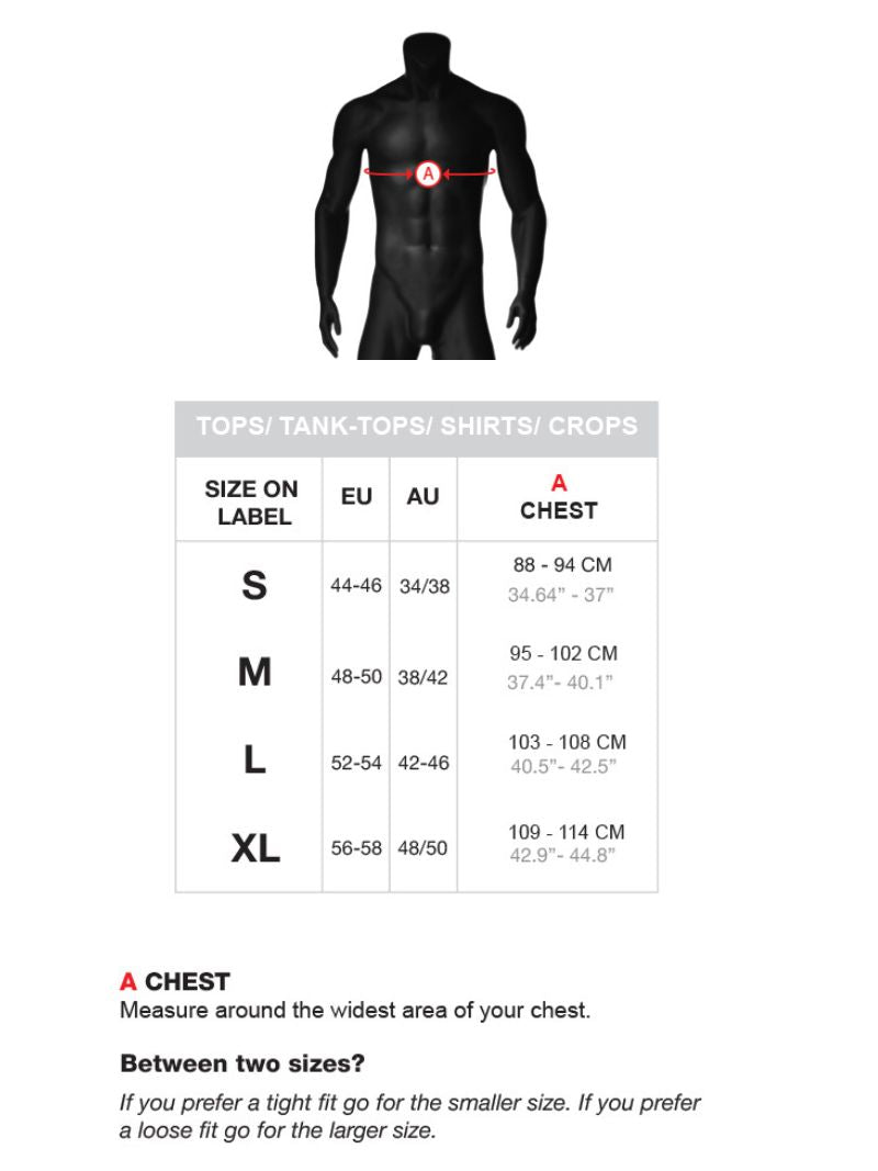 Barcode Berlin size chart for tops and tank tops, indicating measurements for chest sizes in inches and centimeters, with a visual silhouette of a male model showing where the measurements are taken.