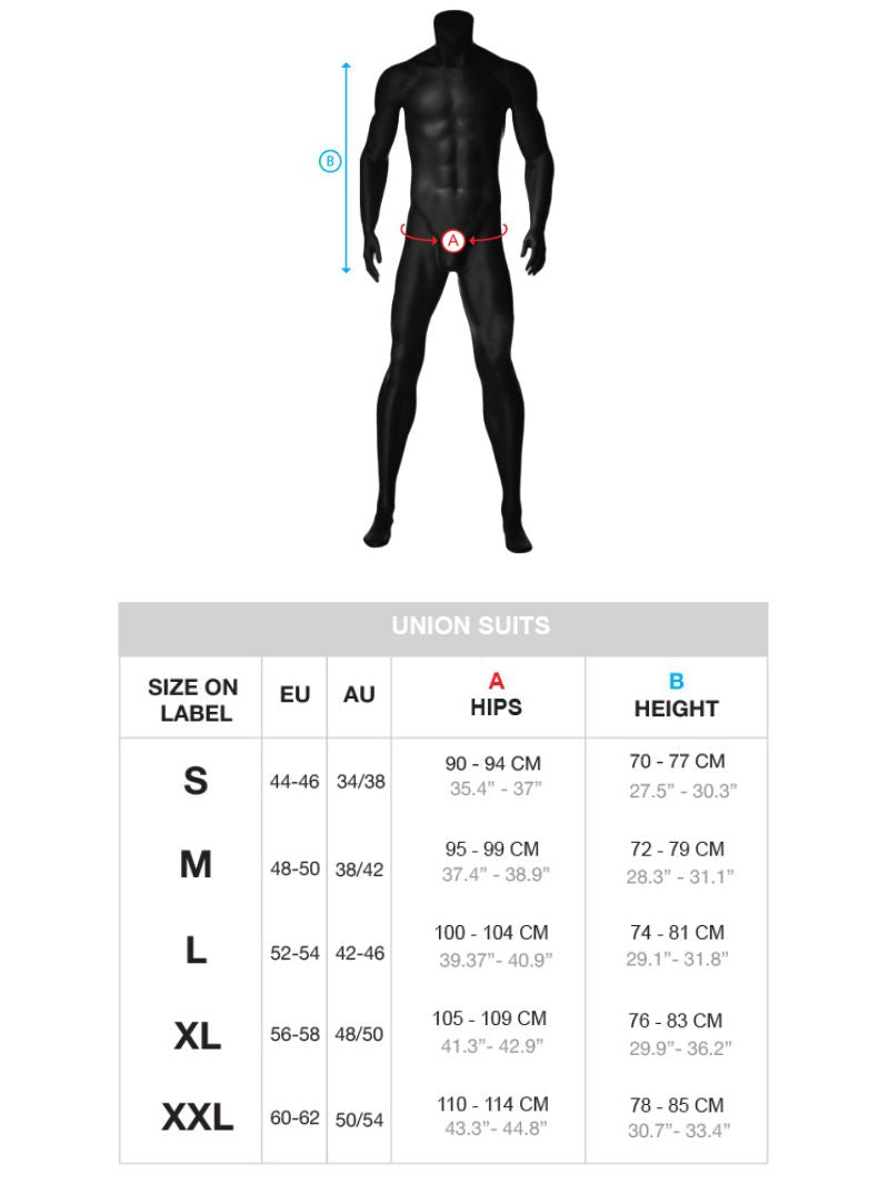 Size chart and fit guide for BARCODE Berlin union suits, showing measurements for waist, hips, and height, with a model wearing the suit to demonstrate fit.