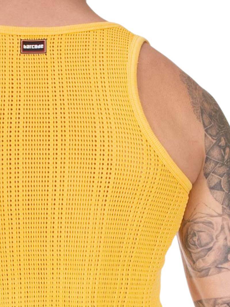 Yellow sleeveless shirt with BARCODE logo on the back, worn by a person with tattoos.