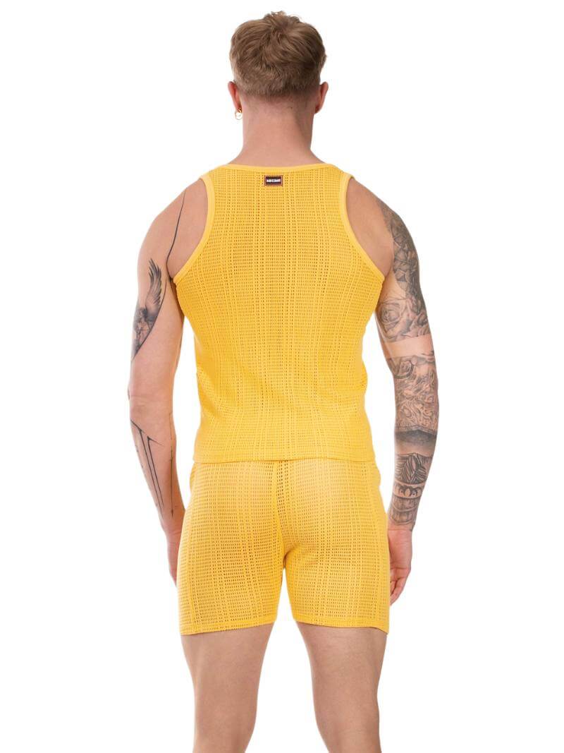 Barcode Berlin Alabin Yellow Striped see-through knitted mesh sleeveless vest