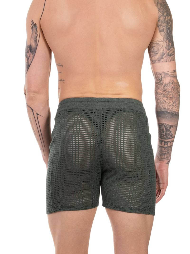 Barcode Berlin Khaki Dark Green Knitted Mesh Mid-Thigh length and see-through shorts