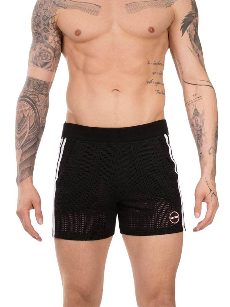 Black athletic shorts with white stripes on a white background