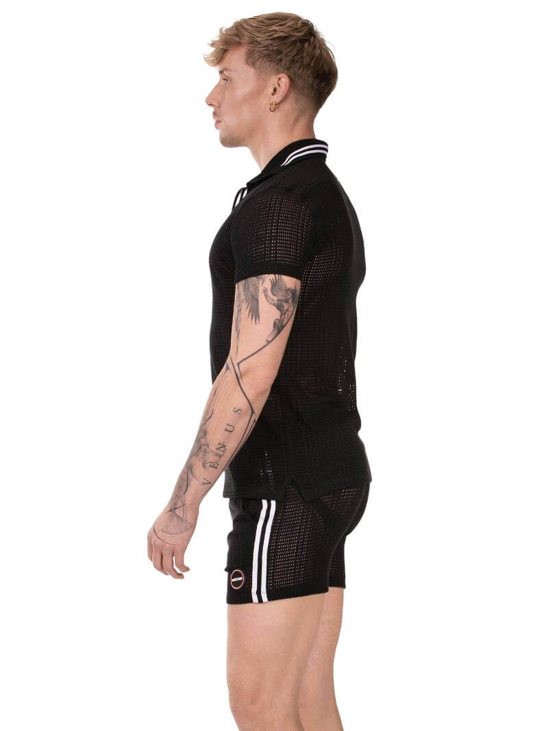Men's Barcode Berlin black outfit with white stripes on a white background