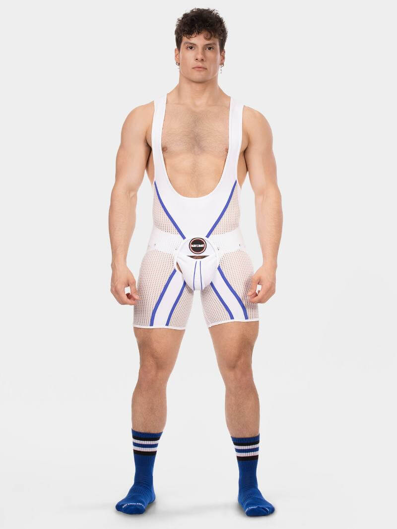 Man wearing a white wrestling singlet with blue accents on a white background