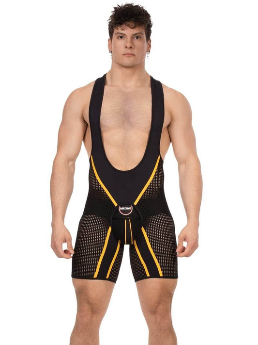 Man wearing a black wrestling singlet with yellow accents on a white background