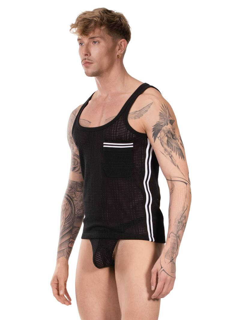 Man wearing a black tank top with white stripes on a white background