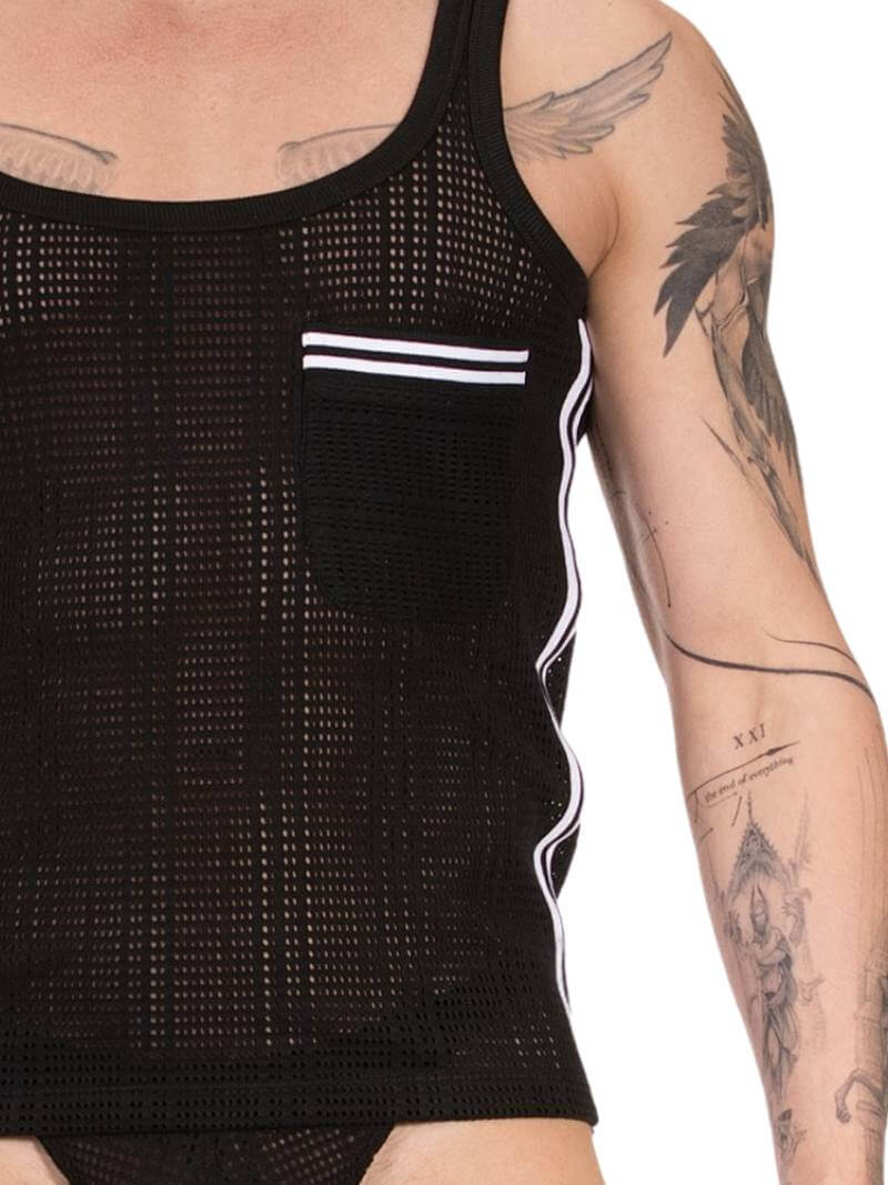 Black tank top with white stripes on a person with tattoos