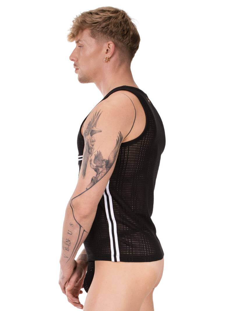 Barcode Berlin Liam pocket vest. A black athletic tank top with mesh design on a white background