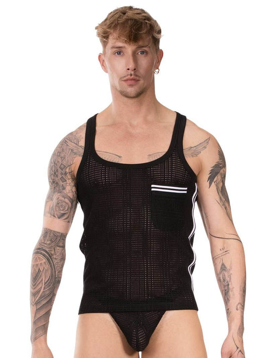 Men's Barcode Berlin Lilan black mesh tank top with a white stripe on a white background