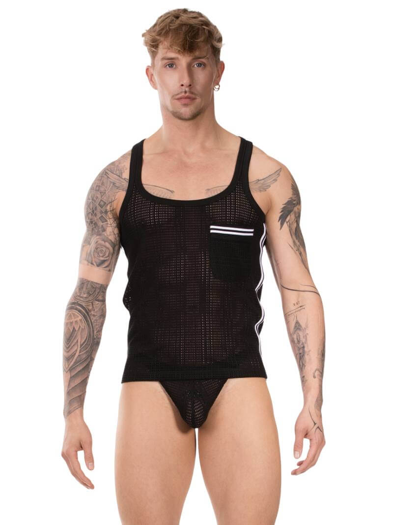 Man wearing a black vest with grid pattern and white stripes on a white background