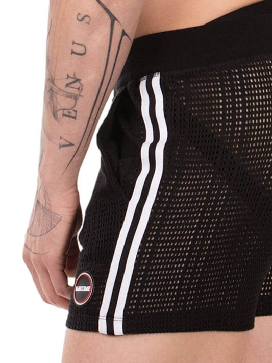 Black mesh shorts with a white stripe on a person wearing them, with visible tattoos.