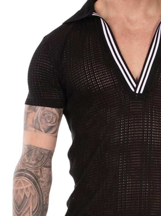 Black textured short-sleeve shirt with white trim worn by a person on a white background