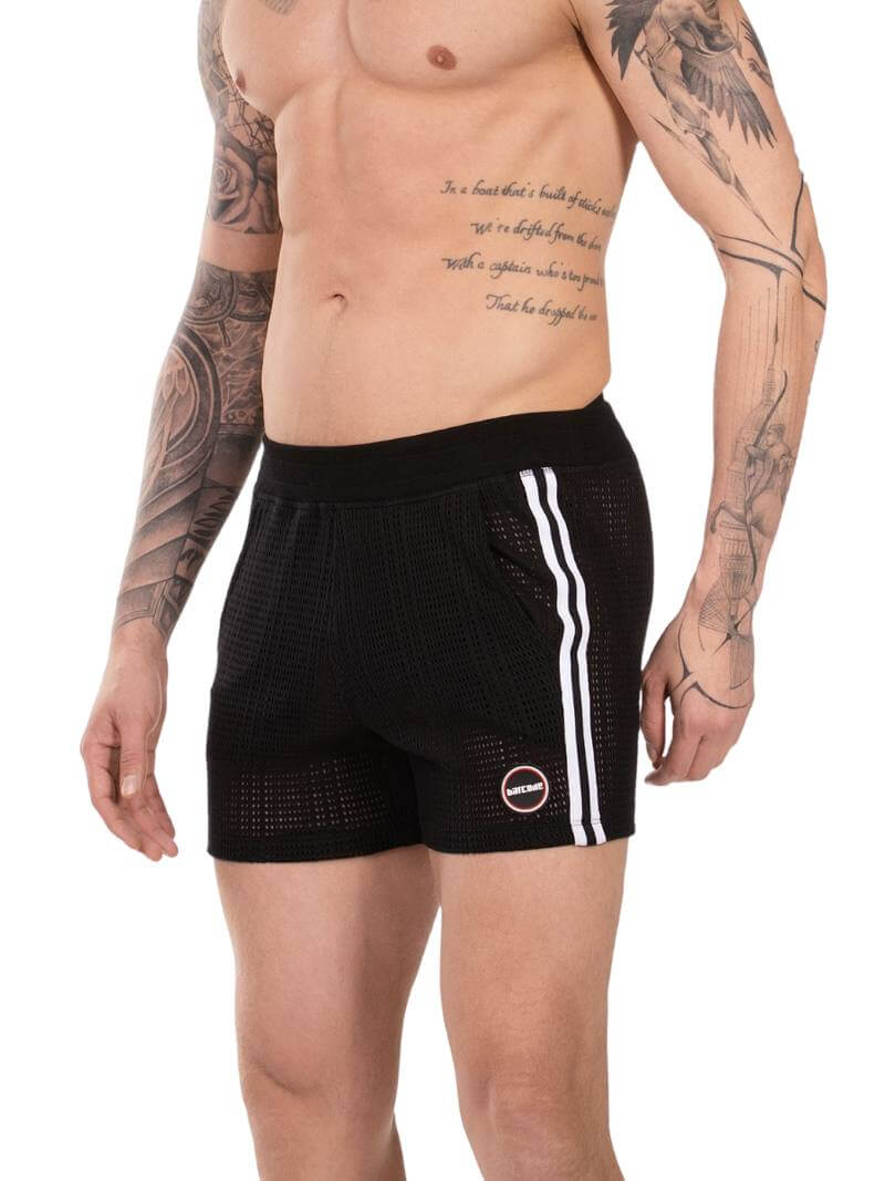 Black swim shorts with white stripes on a white background