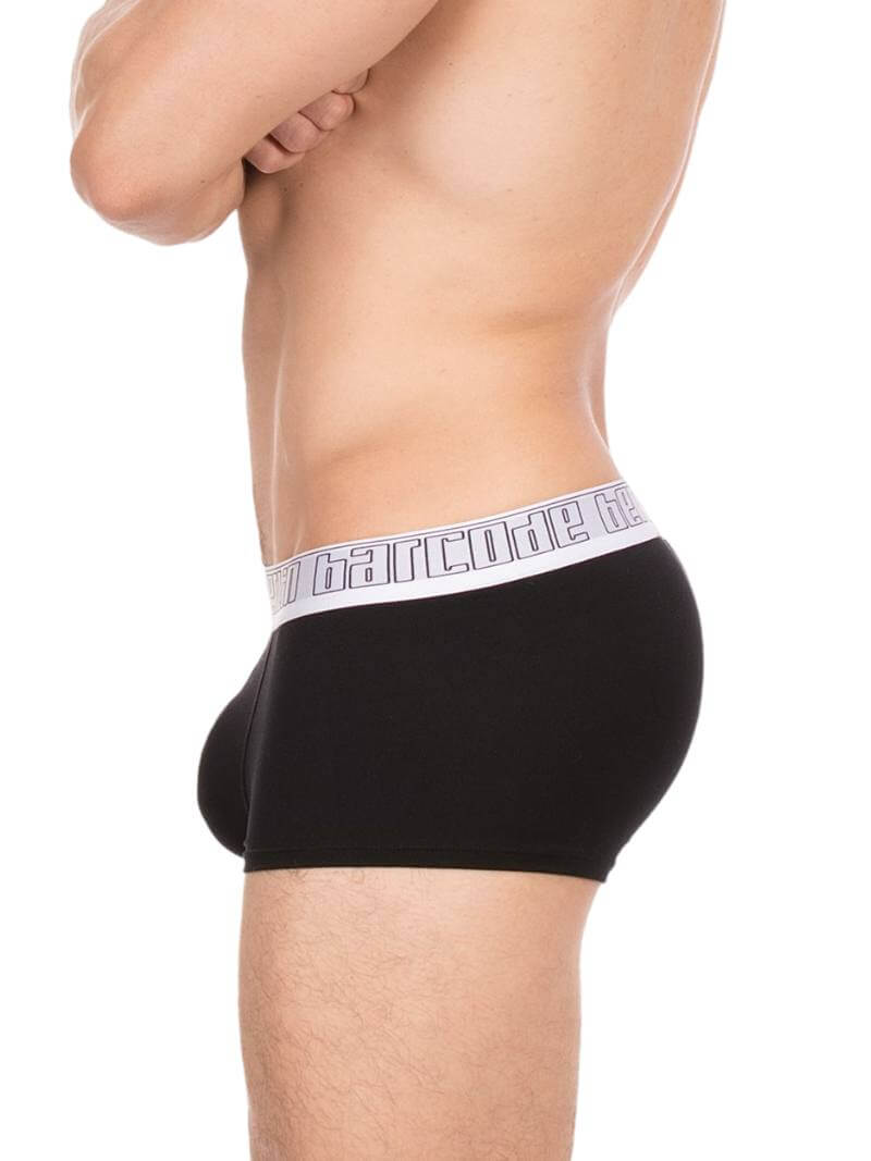 Black boxer briefs with a brand logo on the waistband against a white background