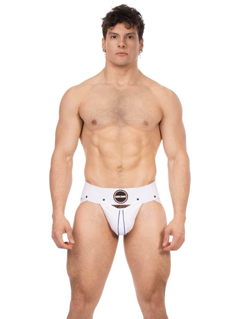 Man wearing a white athletic supporter with a logo on a white background