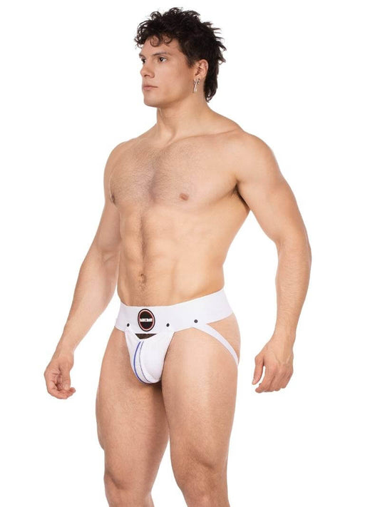 Man wearing a white men's underwear with a logo on a white background