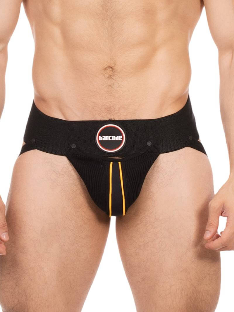 Black men's underwear with a brand logo on a white background