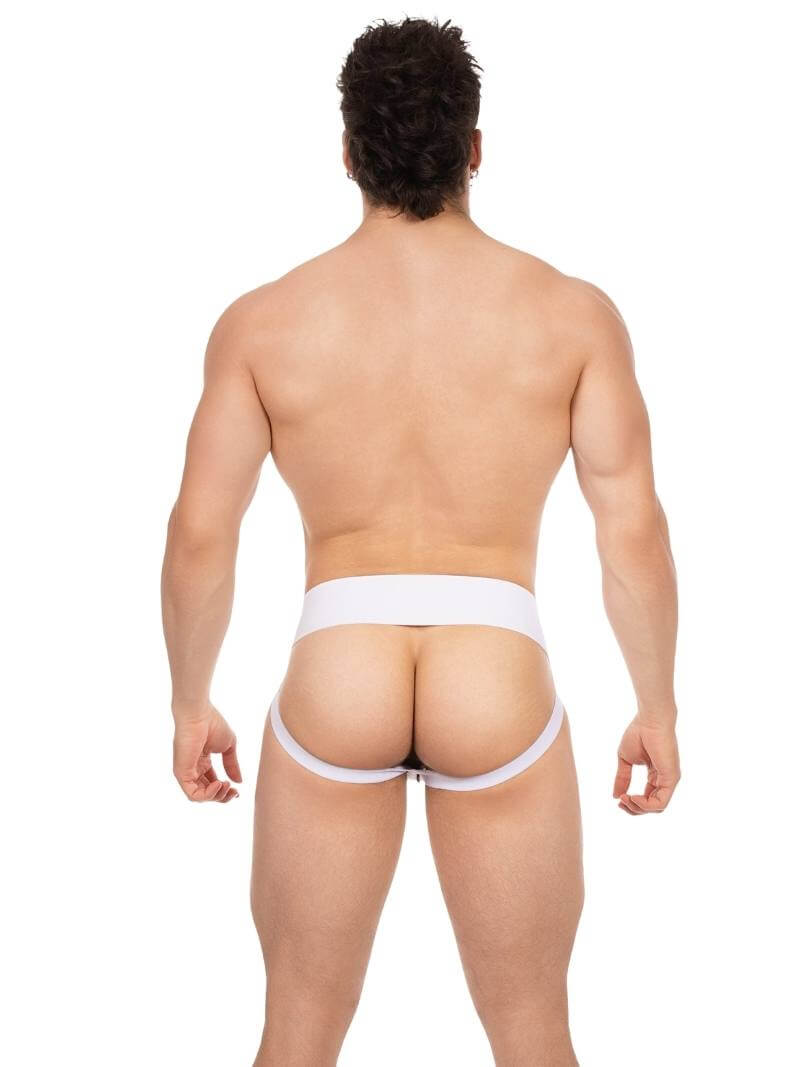 Man wearing a white thong on a white background
