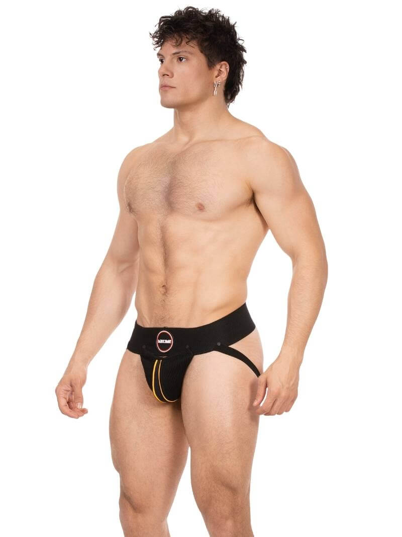Man wearing a black men's underwear on a white background