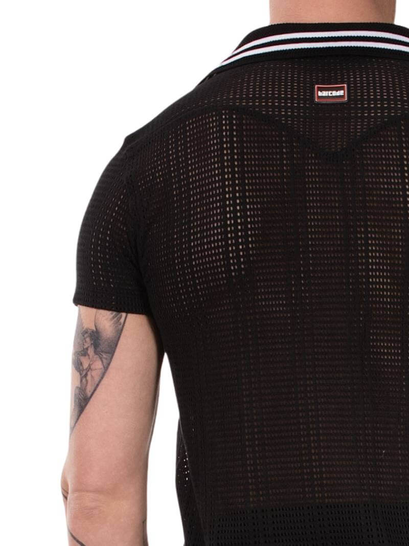 Black textured short-sleeve shirt with a brand logo on a white background