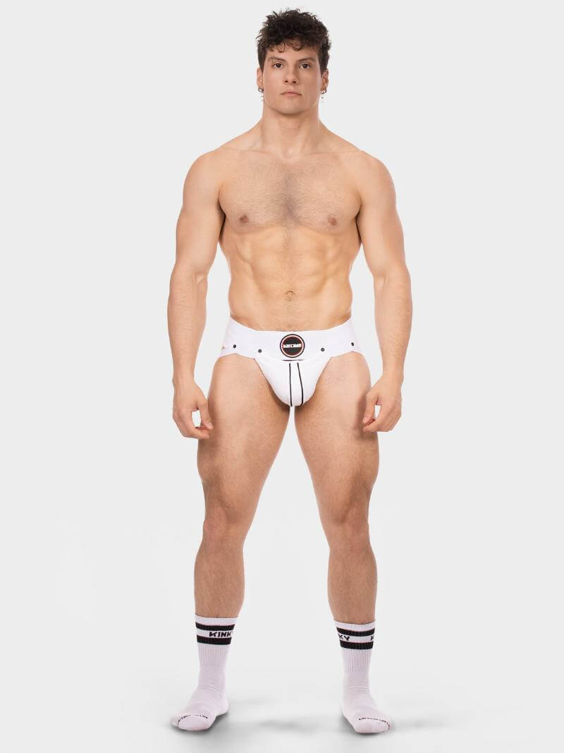 Man wearing white underwear with a visible brand logo on a white background