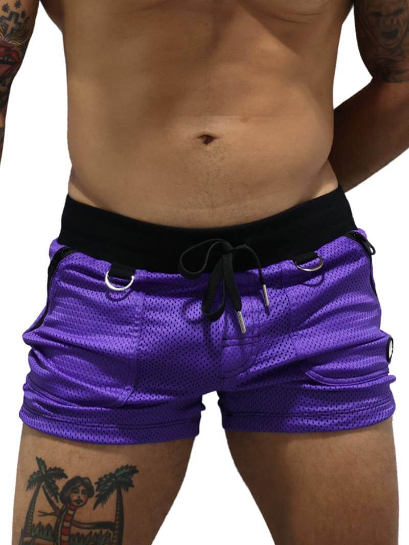 Purple shorts with a black waistband on a white background