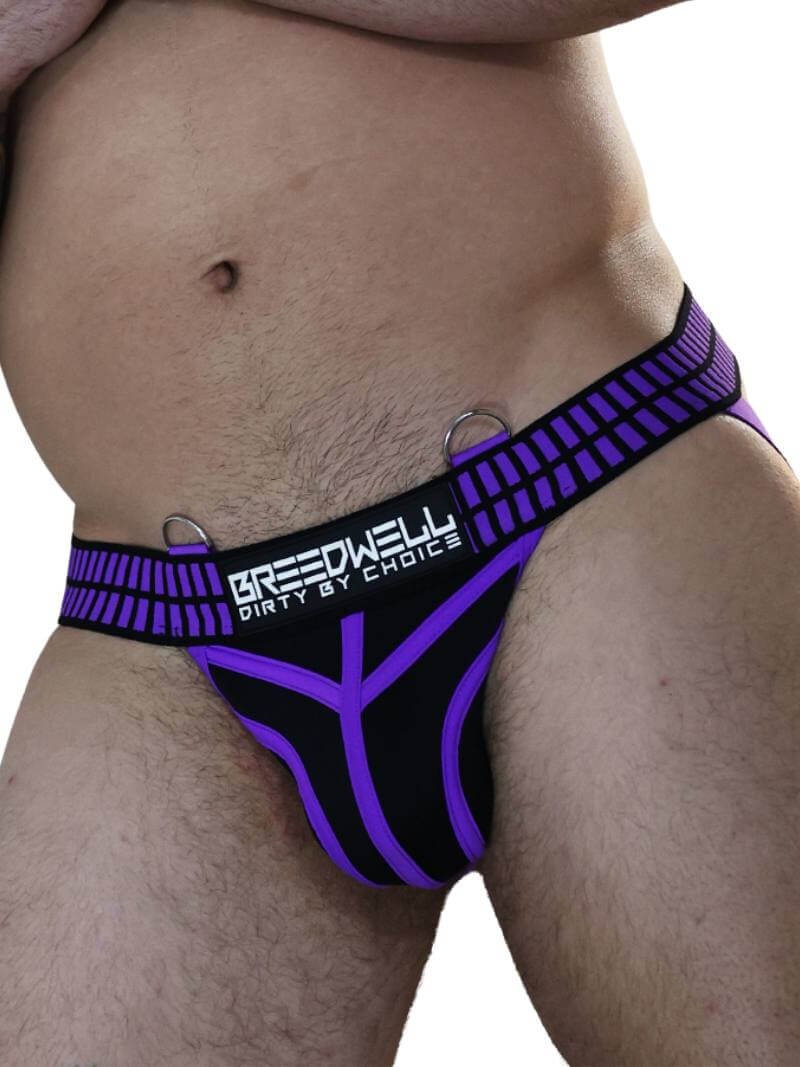 Purple and black men's underwear with 'Breedwell' branding on a white background