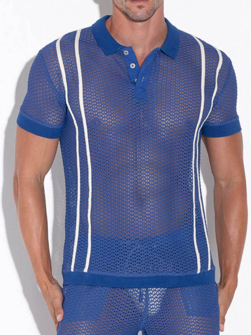 CODE22 Men's Openwork Polo Shirt: Jacquard Crochet, Button-Up, Collared