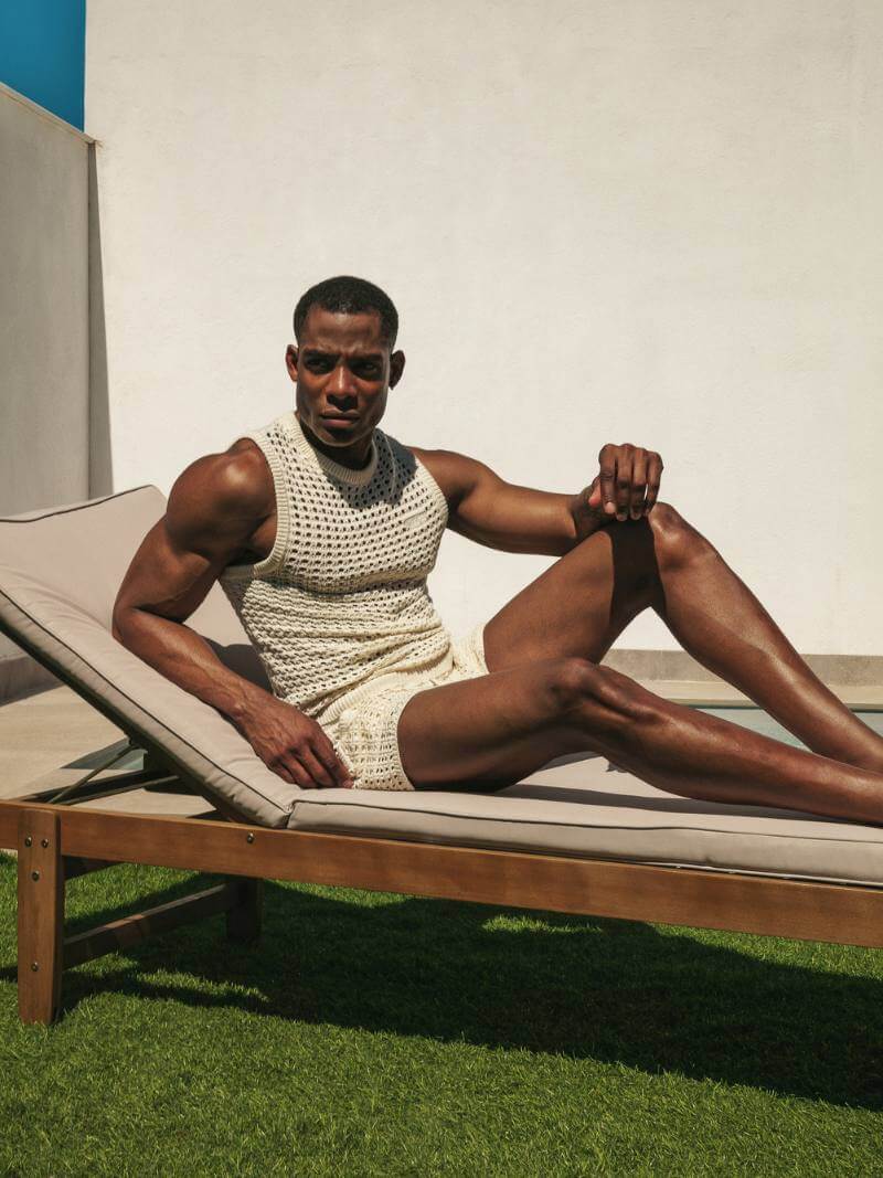 Model Wearing CODE 22 Men's Designer Diamond Knit Resortwear