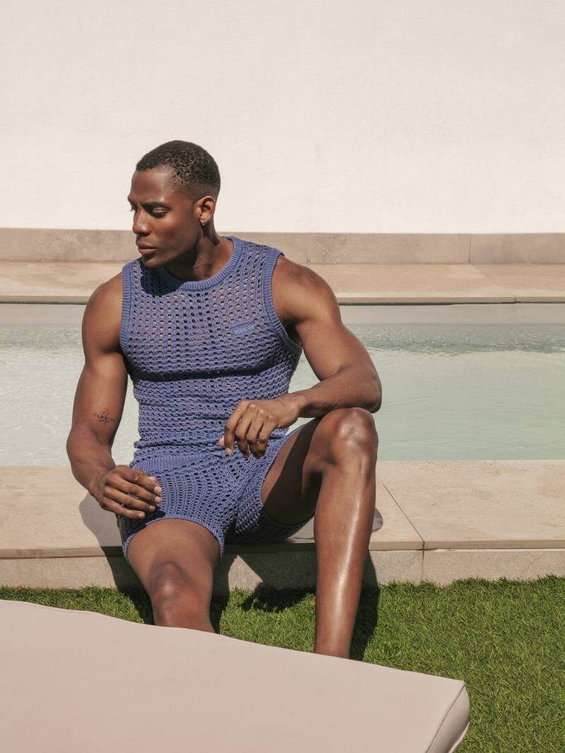 Model Wearing CODE 22 Men's Designer Diamond Knit Summer Clothing
