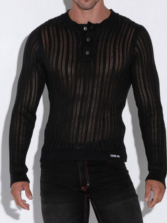 CODE22 Men's Knitted Henley Long-Sleeve Crochet Sweater