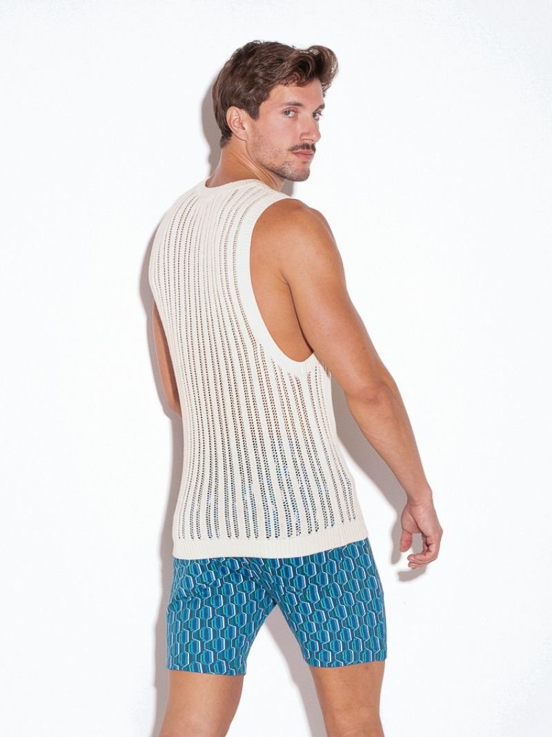 CODE22 Men's Knitted Crochet Tank Top: Striped Knit