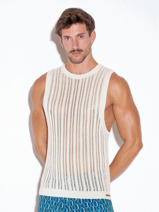 CODE22 Men's Knitted Crochet Tank Top: Striped Knit