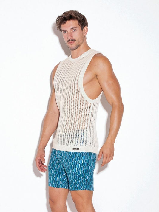 CODE22 Men's Knitted Crochet Tank Top: Striped Knit