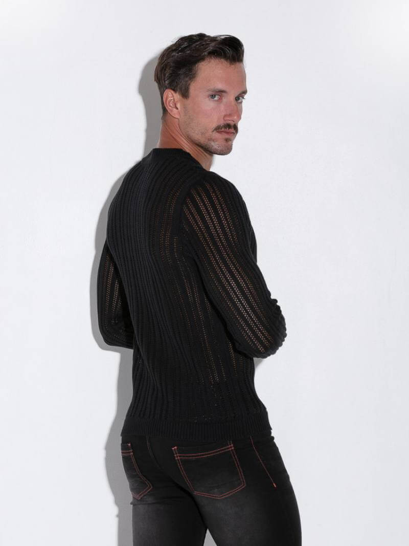 CODE22 Men's Knitted Henley Long-Sleeve Sweater in Black