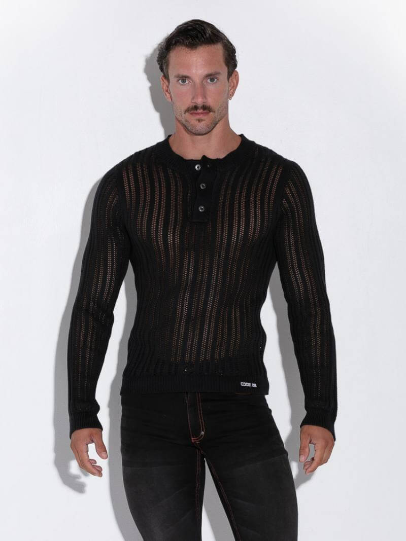 CODE22 Men's Knitted Henley Long-Sleeve Sweater in Black