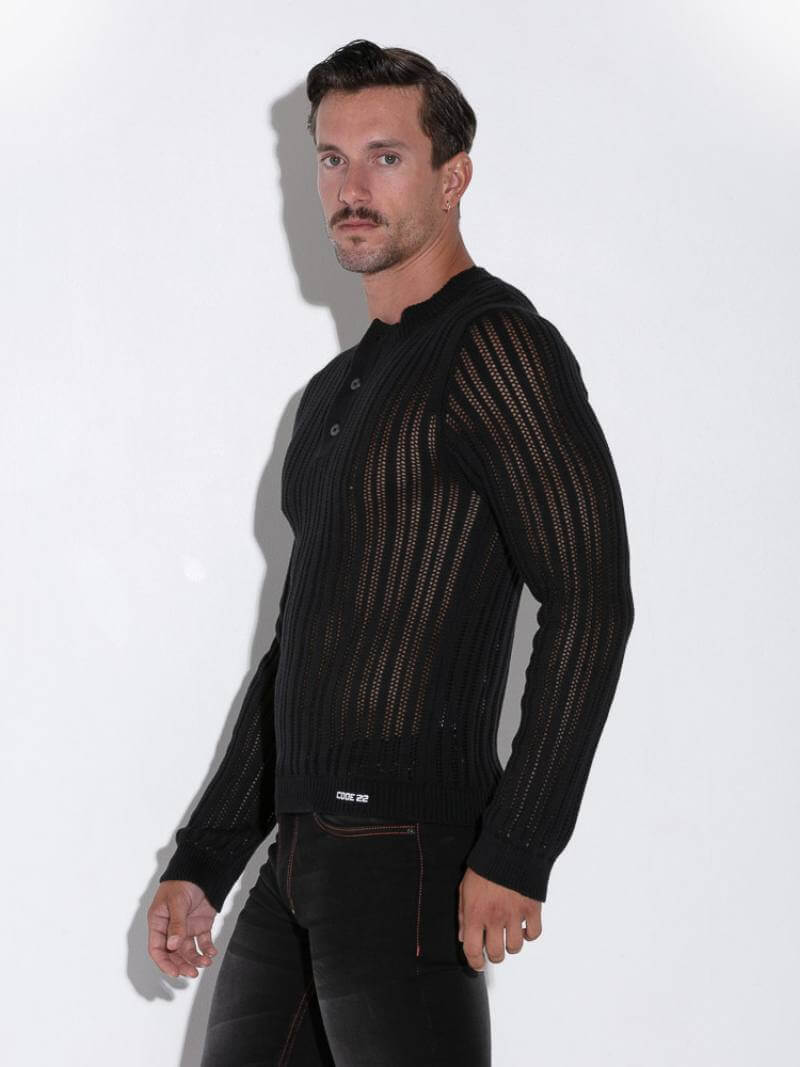 CODE22 Men's Knitted Henley Long-Sleeve Sweater in Black