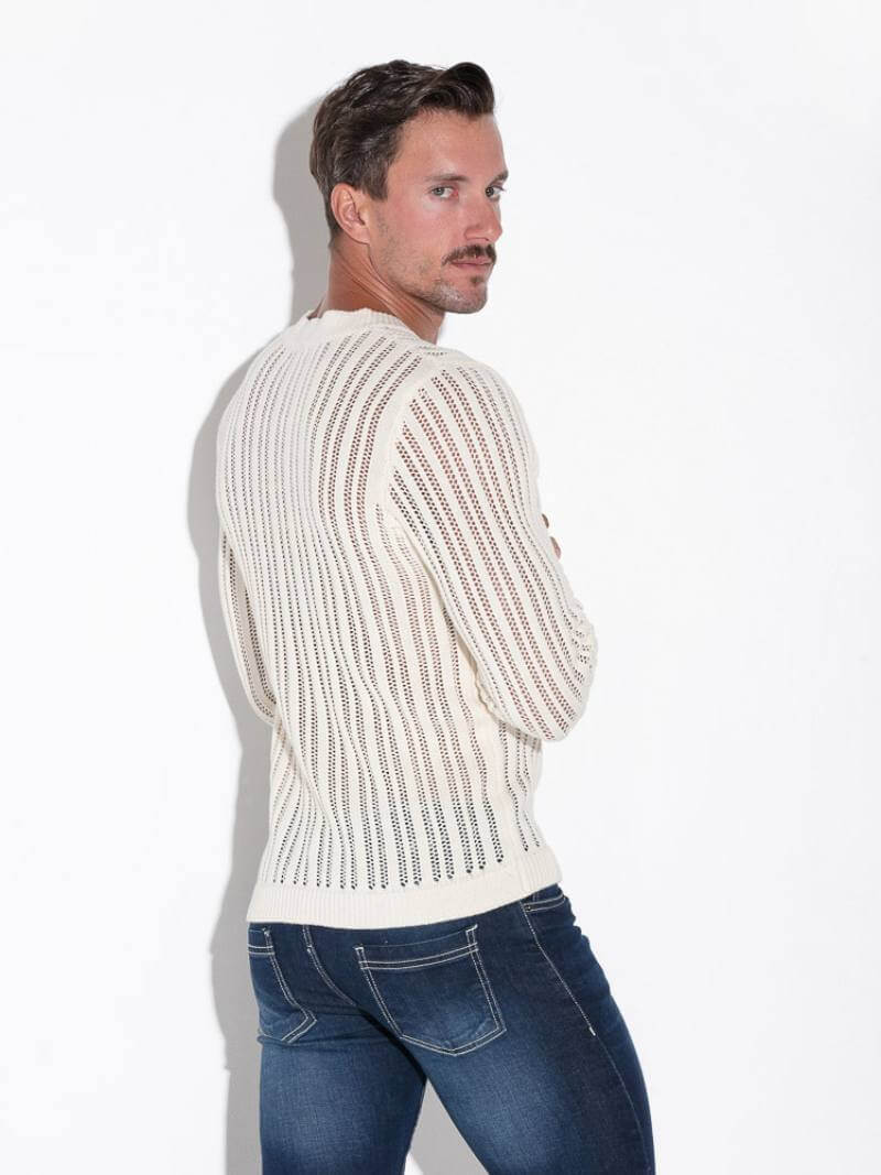 CODE22 Men's Knitted Henley Long-Sleeve Sweater in Cream