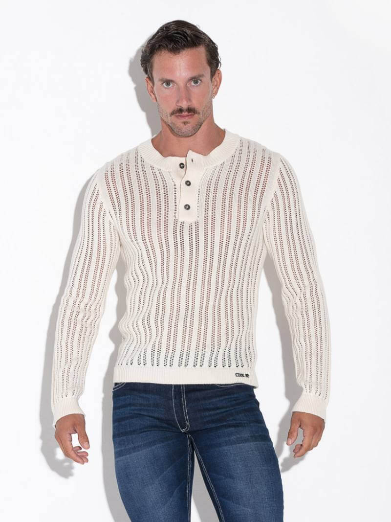 CODE22 Men's Knitted Henley Long-Sleeve Sweater