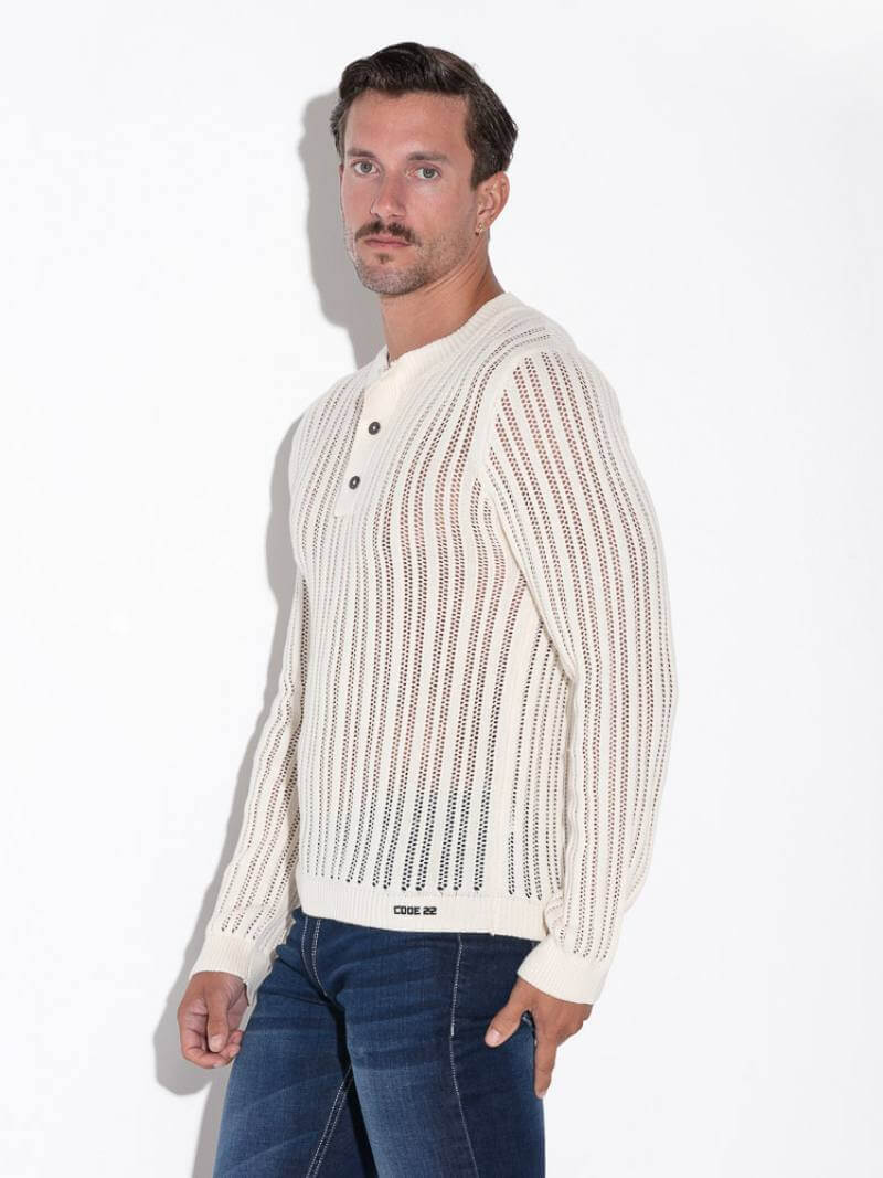 CODE22 Men's Knitted Henley Long-Sleeve Sweater in Cream