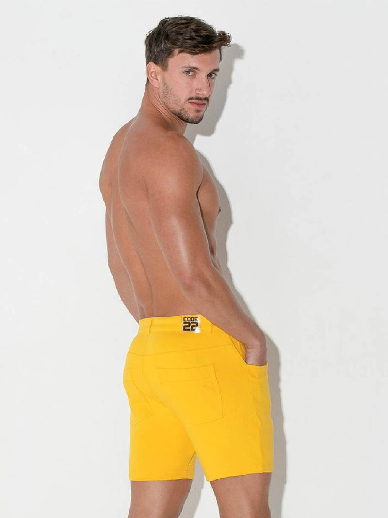 CODE22 Men's Designer Stretch-Fit Pocket Shorts in Yellow