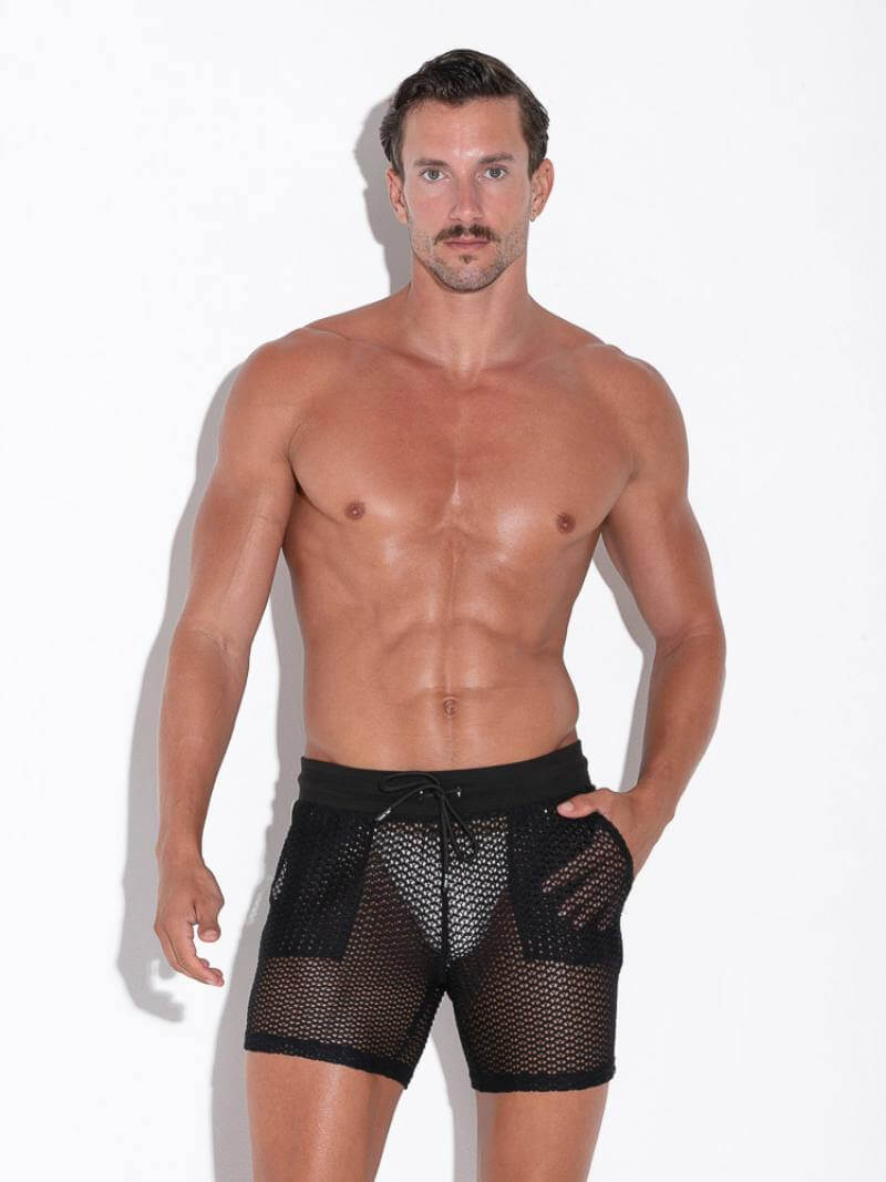 CODE22 Men's Openwork Mid-Thigh Short: : See-Through Jacquard Mesh Knit