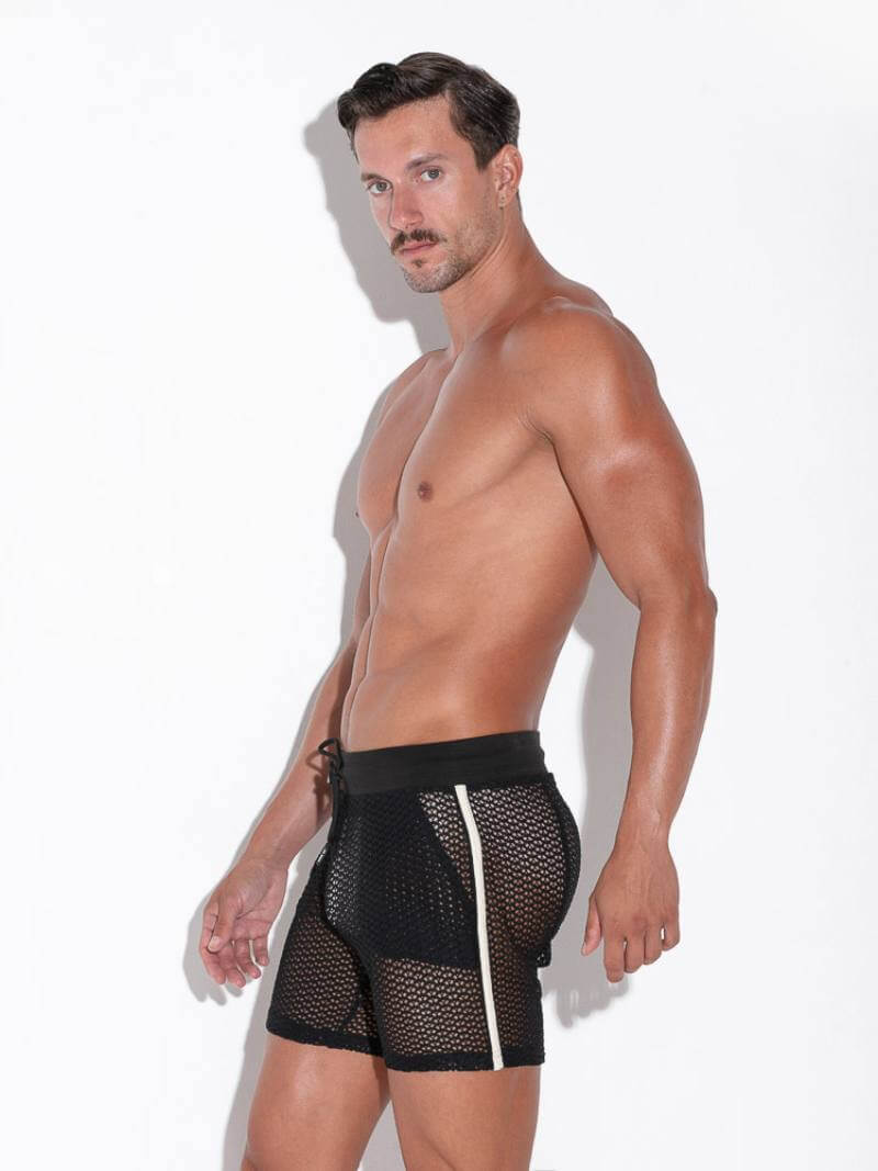 CODE22 Men's Openwork Mid-Thigh Short: : See-Through Jacquard Mesh Knit