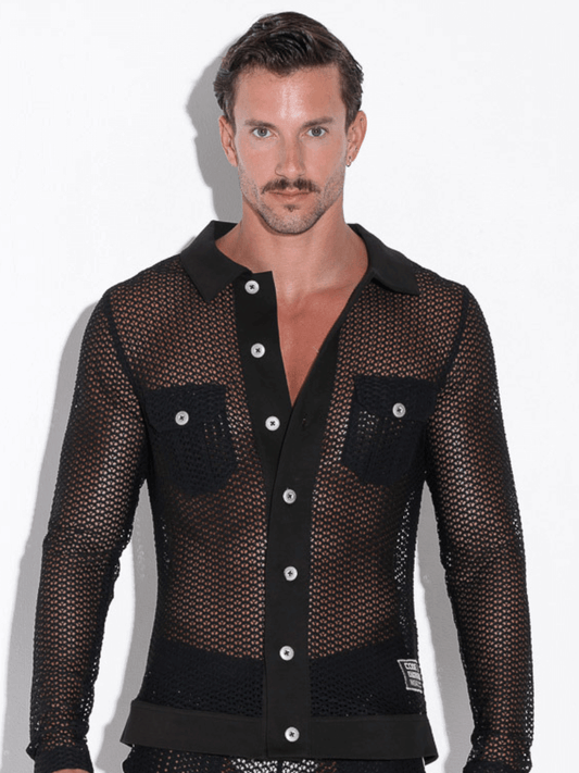 CODE22 Men's Openwork Overshirt: Jacquard Crochet, Long Sleeves, Button-Up, Collared