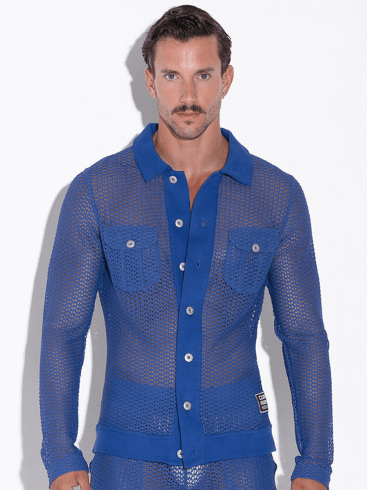 CODE22 Men's Openwork Overshirt: Jacquard Crochet, Long Sleeves, Button-Up, Collared