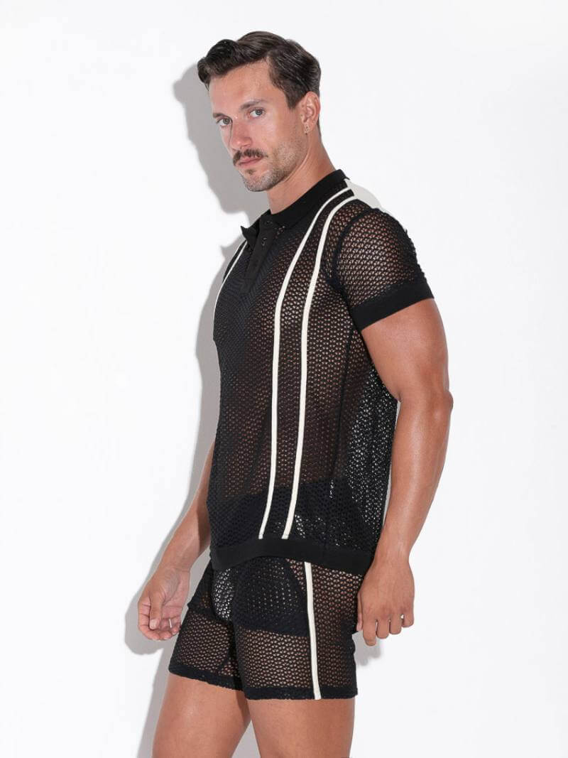 CODE22 Men's Openwork Polo Shirt: Jacquard Crochet, Button-Up, Collared