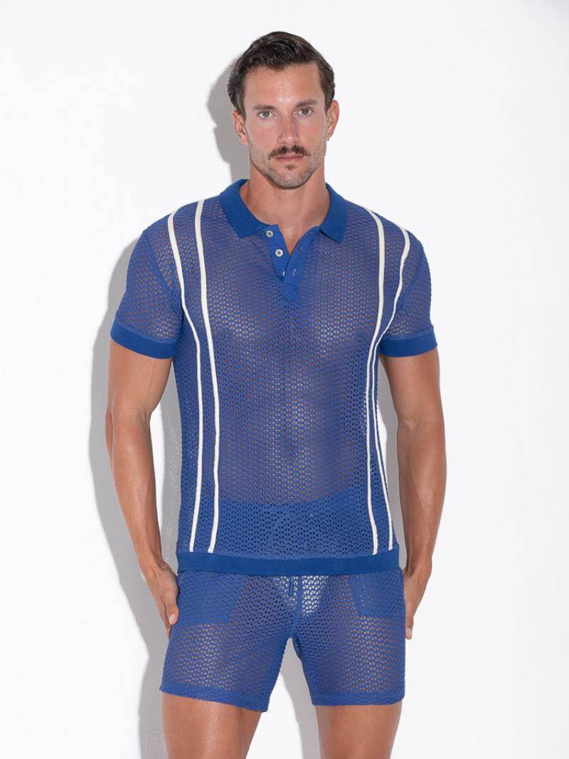 CODE22 Men's Openwork Polo Shirt: Jacquard Crochet, Button-Up, Collared