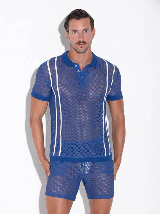 CODE22 Men's Openwork Polo Shirt: Jacquard Crochet, Button-Up, Collared