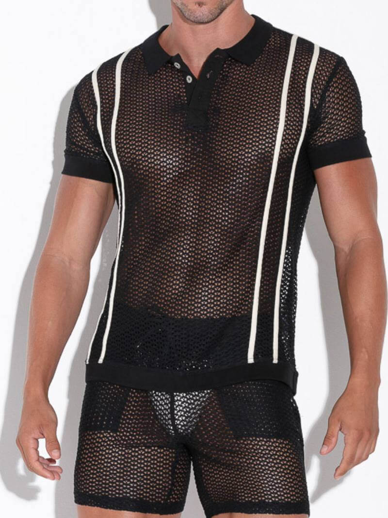 CODE22 Men's Openwork Polo Shirt: Jacquard Crochet, Button-Up, Collared
